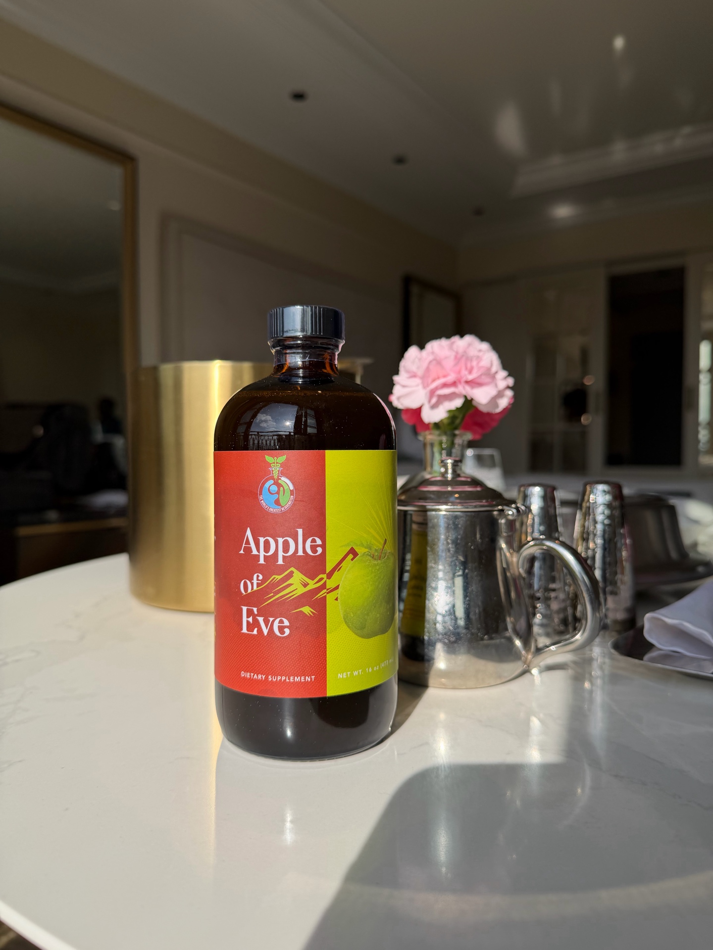 Apple of Eve bottle on a bright kitchen counter